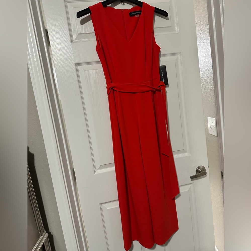 Andrew Marc Red A-Line Wrap Cocktail Pantsuit